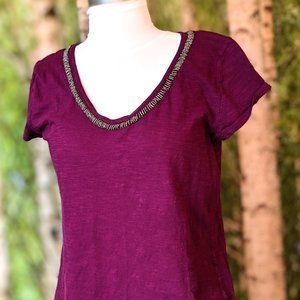 LOFT beaded scoop neck dark magenta purple short sleeve cotton tee